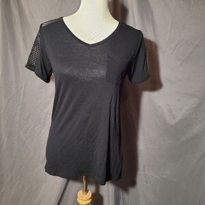 Black V-Neck Mesh Sleeve Top